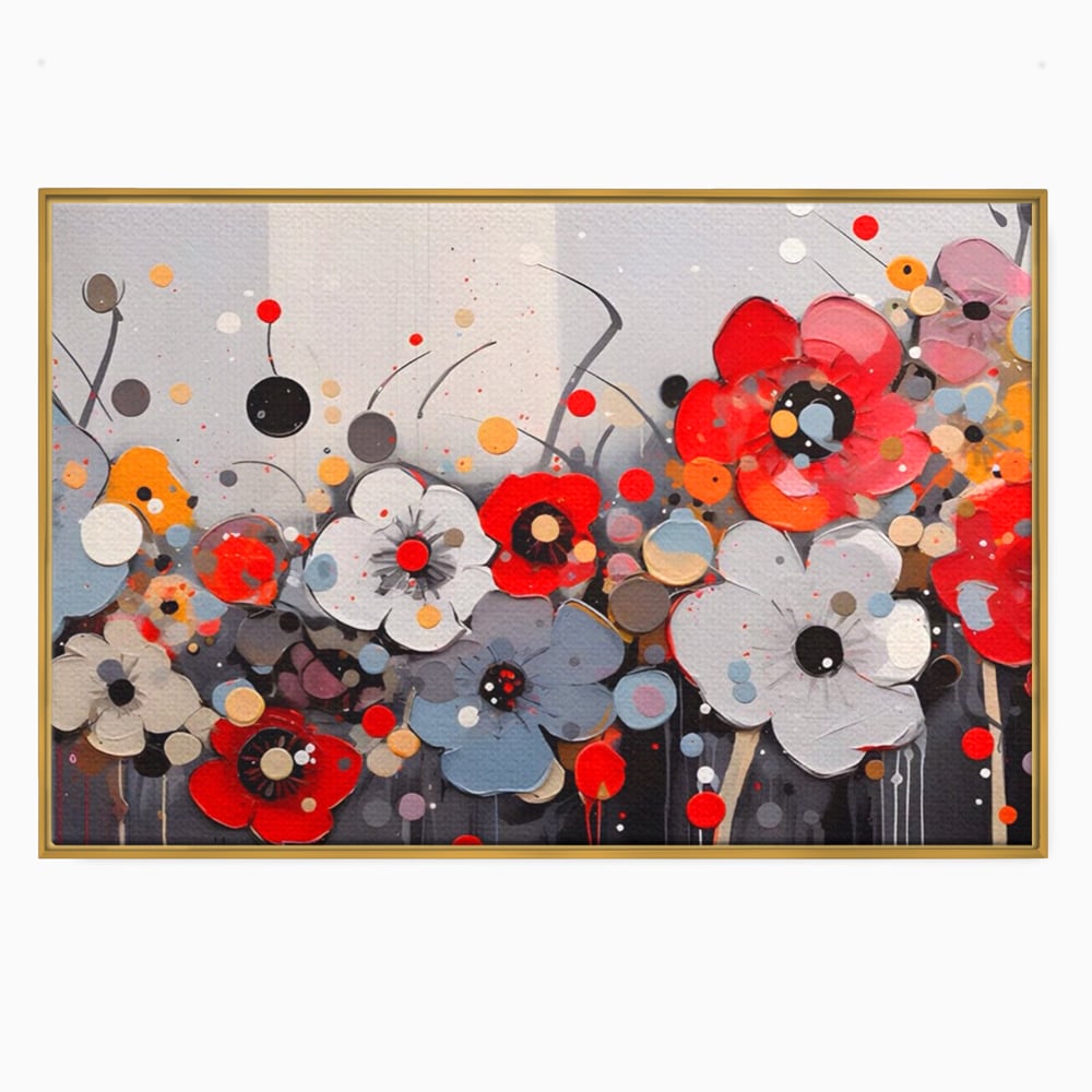 Tablou canvas cu pictura canvas cu flori colorate in relief, in rama de aluminiu auriu